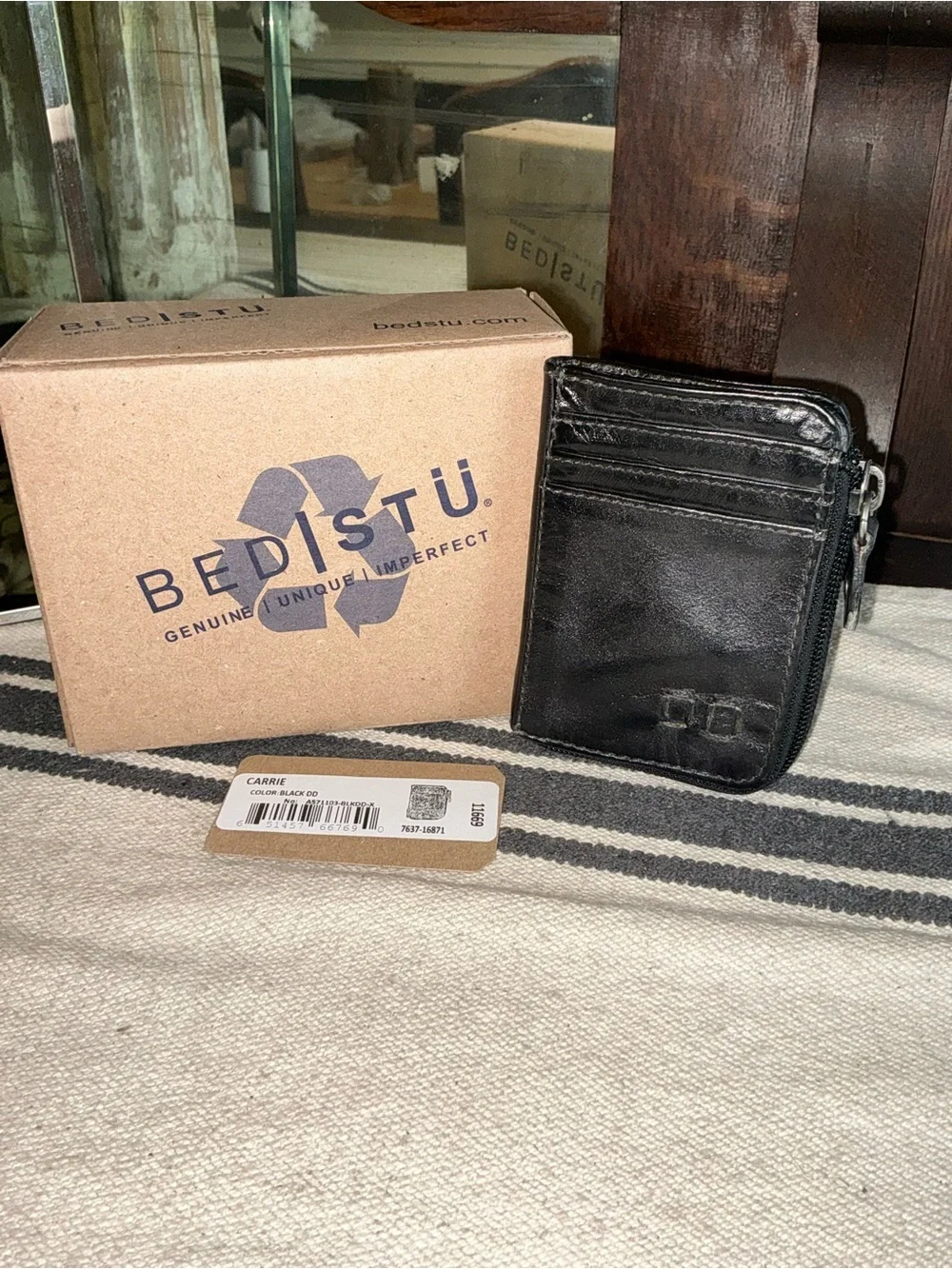 NWT Bed Stu Carrie Leather Black Die Dyed DD Wallet W/ Box Retail $100